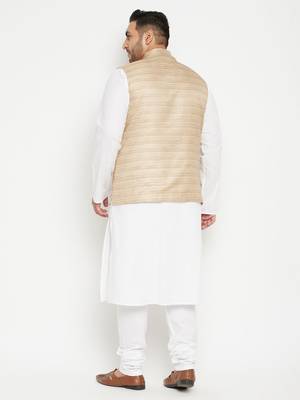 White, Beige And White Cotton Blend Jacket Kurta Pyjama Set 4