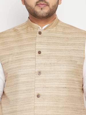 White, Beige And White Cotton Blend Jacket Kurta Pyjama Set 5