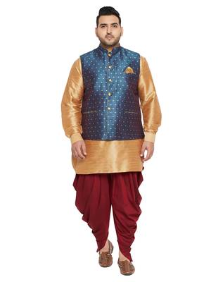 Rose Gold, Blue And White Silk Blend Jacket Kurta Dhoti Set 1