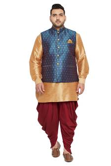 Men'S Rose Gold, Blue And White Silk Blend Jacket Kurta Dhoti Set