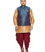 Men'S Rose Gold, Blue And White Silk Blend Jacket Kurta Dhoti Set