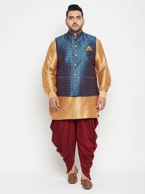 Rose Gold, Blue And White Silk Blend Jacket Kurta Dhoti Set 2