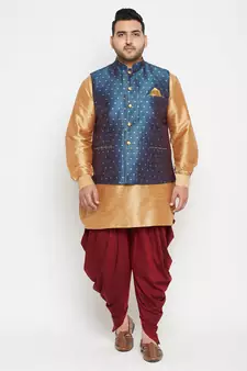 Rose Gold, Blue And White Silk Blend Jacket Kurta Dhoti Set
