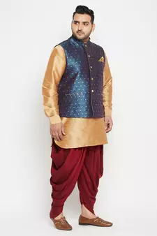 Rose Gold, Blue And White Silk Blend Jacket Kurta Dhoti Set