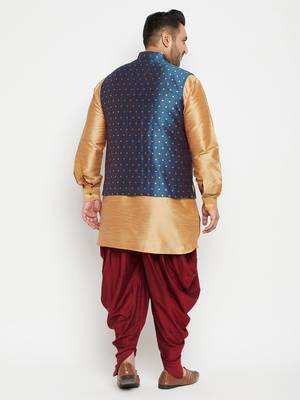 Rose Gold, Blue And White Silk Blend Jacket Kurta Dhoti Set 4