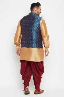 Rose Gold, Blue And White Silk Blend Jacket Kurta Dhoti Set