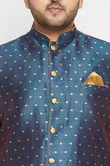 Rose Gold, Blue And White Silk Blend Jacket Kurta Dhoti Set