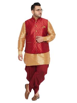 Rose Gold, Maroon And White Silk Blend Jacket Kurta Dhoti Set 1