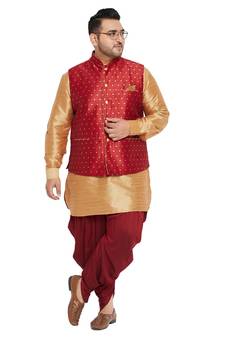 Men'S Rose Gold, Maroon And White Silk Blend Jacket Kurta Dhoti Set