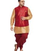 Men'S Rose Gold, Maroon And White Silk Blend Jacket Kurta Dhoti Set