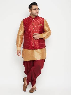 Rose Gold, Maroon And White Silk Blend Jacket Kurta Dhoti Set 2