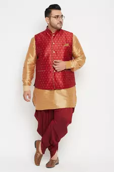 Rose Gold, Maroon And White Silk Blend Jacket Kurta Dhoti Set