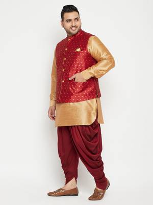 Rose Gold, Maroon And White Silk Blend Jacket Kurta Dhoti Set 3