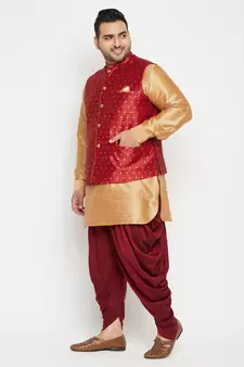 Rose Gold, Maroon And White Silk Blend Jacket Kurta Dhoti Set