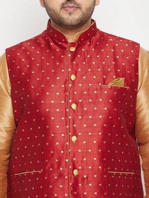 Rose Gold, Maroon And White Silk Blend Jacket Kurta Dhoti Set 5