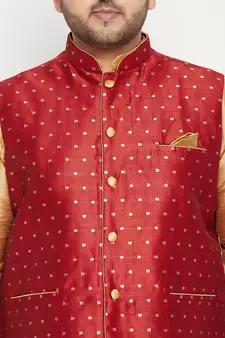 Rose Gold, Maroon And White Silk Blend Jacket Kurta Dhoti Set