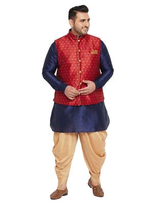 Navy Blue, Maroon And White Silk Blend Jacket Kurta Dhoti Set 1