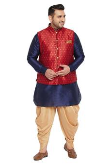 Men'S Navy Blue, Maroon And White Silk Blend Jacket Kurta Dhoti Set