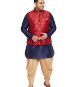 Navy Blue, Maroon And White Silk Blend Jacket Kurta Dhoti Set