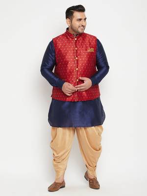 Navy Blue, Maroon And White Silk Blend Jacket Kurta Dhoti Set 2