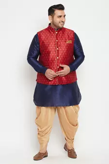 Navy Blue, Maroon And White Silk Blend Jacket Kurta Dhoti Set