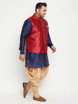 Navy Blue, Maroon And White Silk Blend Jacket Kurta Dhoti Set 3