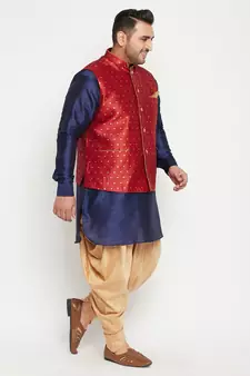 Navy Blue, Maroon And White Silk Blend Jacket Kurta Dhoti Set