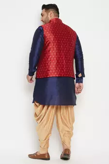 Navy Blue, Maroon And White Silk Blend Jacket Kurta Dhoti Set