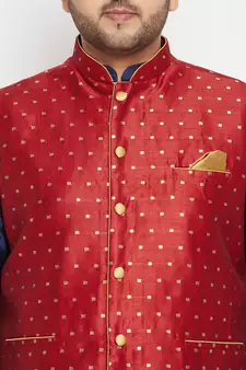 Navy Blue, Maroon And White Silk Blend Jacket Kurta Dhoti Set