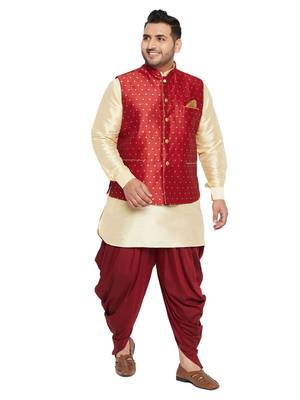Gold, Maroon And White Silk Blend Jacket Kurta Dhoti Set 1