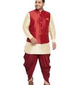 Men'S Gold, Maroon And White Silk Blend Jacket Kurta Dhoti Set