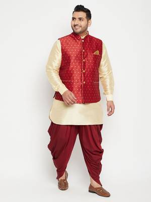 Gold, Maroon And White Silk Blend Jacket Kurta Dhoti Set 2