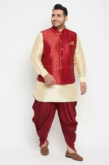Gold, Maroon And White Silk Blend Jacket Kurta Dhoti Set