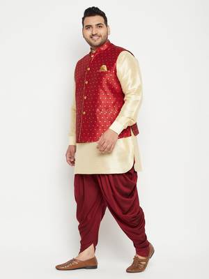 Gold, Maroon And White Silk Blend Jacket Kurta Dhoti Set 3