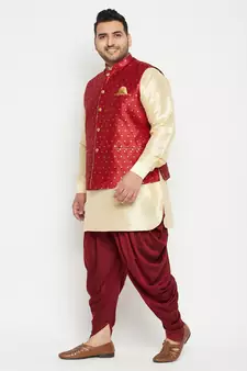 Gold, Maroon And White Silk Blend Jacket Kurta Dhoti Set