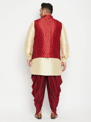 Gold, Maroon And White Silk Blend Jacket Kurta Dhoti Set 4