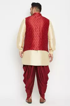 Gold, Maroon And White Silk Blend Jacket Kurta Dhoti Set
