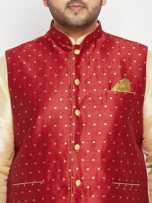 Gold, Maroon And White Silk Blend Jacket Kurta Dhoti Set 5