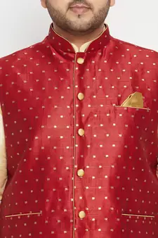 Gold, Maroon And White Silk Blend Jacket Kurta Dhoti Set