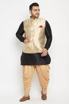 Black, Rose Gold And White Silk Blend Jacket Kurta Dhoti Set
