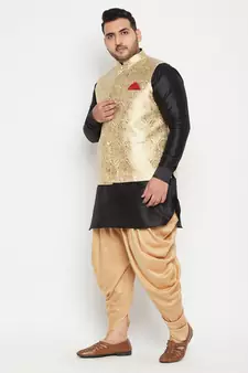 Black, Rose Gold And White Silk Blend Jacket Kurta Dhoti Set
