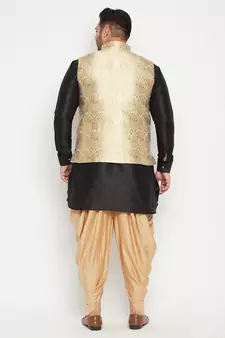 Black, Rose Gold And White Silk Blend Jacket Kurta Dhoti Set