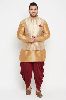 Rose Gold, Rose Gold And White Silk Blend Jacket Kurta Dhoti Set