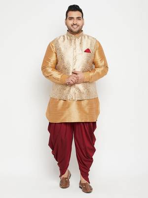 Rose Gold, Rose Gold And White Silk Blend Jacket Kurta Dhoti Set 3
