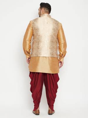 Rose Gold, Rose Gold And White Silk Blend Jacket Kurta Dhoti Set 4