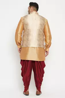 Rose Gold, Rose Gold And White Silk Blend Jacket Kurta Dhoti Set