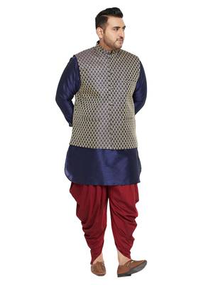 Navy Blue, Blue And White Silk Blend Jacket Kurta Dhoti Set 1