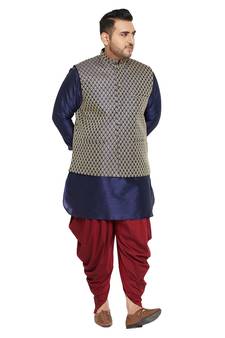 Men'S Navy Blue, Blue And White Silk Blend Jacket Kurta Dhoti Set
