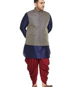 Navy Blue, Blue And White Silk Blend Jacket Kurta Dhoti Set