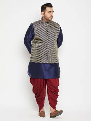 Navy Blue, Blue And White Silk Blend Jacket Kurta Dhoti Set 2